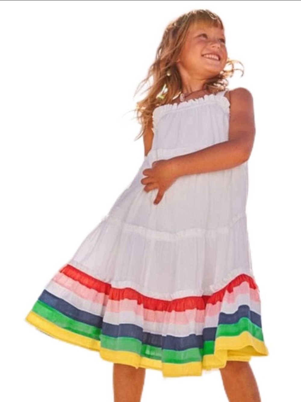 Mini Boden Kids White Tiered Dress w/Rainbow trim 2-3